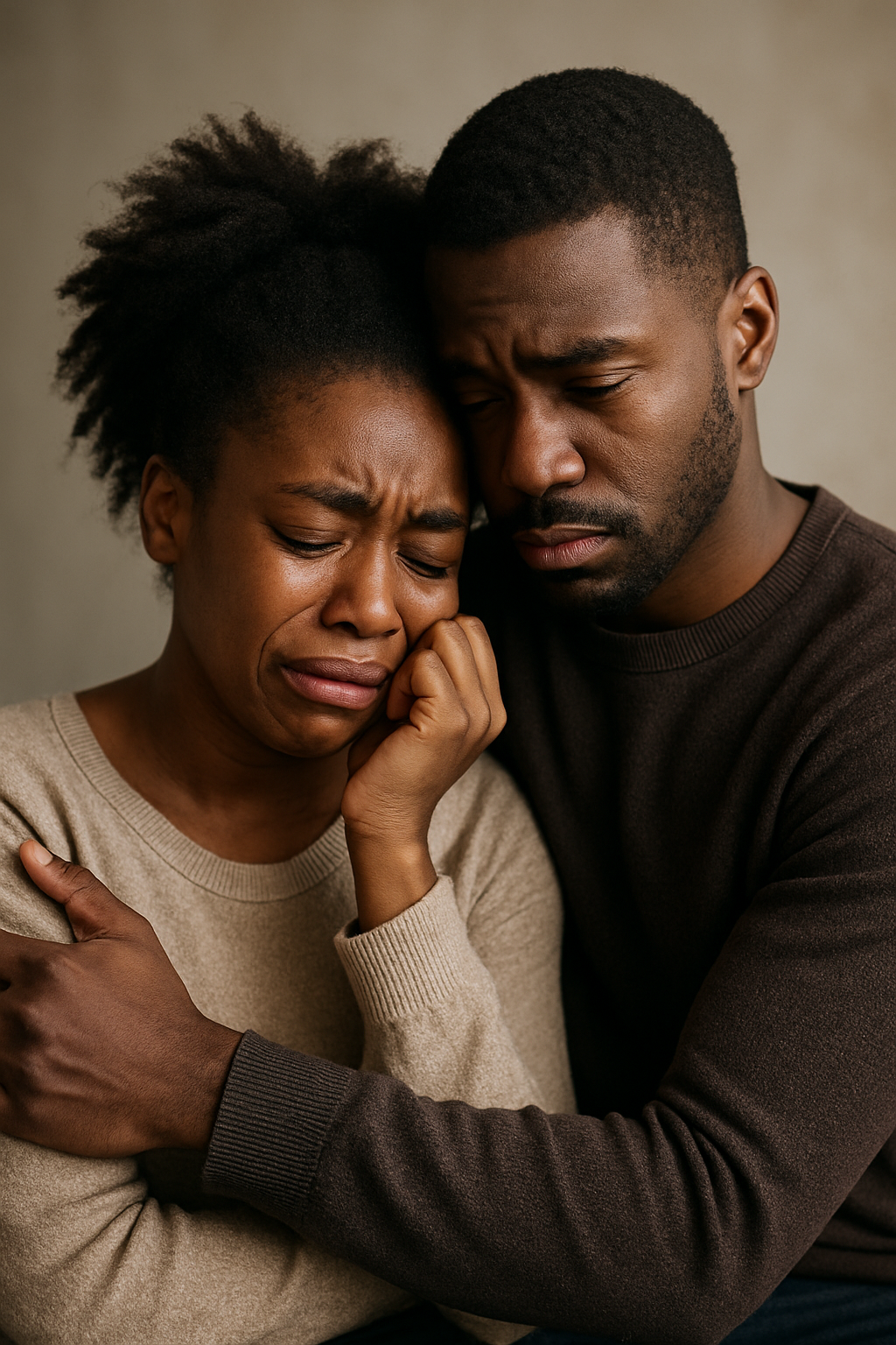 A distressed Black woman leans into her husband’s chest, her face hidden as she weeps, while he embraces her tightly with a solemn expression.